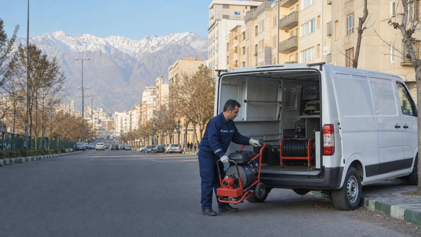 تکنسین خدمات لولهبازکنی کنار خودروی کاری در یکی از خیابانهای تهران